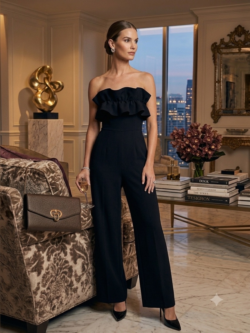 Dress Day Strapless Ruffle Wide-Leg Jumpsuit Evening Cocktail Black Medium Med